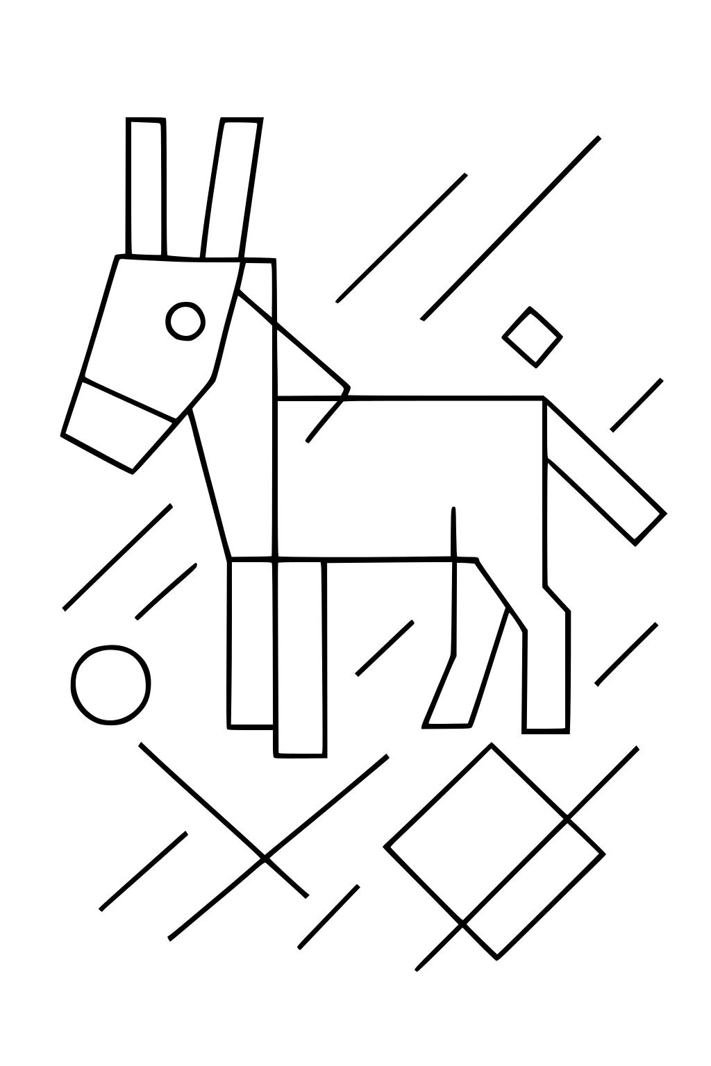Outlined donkey made of squares and rectangles with scattered lines, a circle, and a diamond behind it.