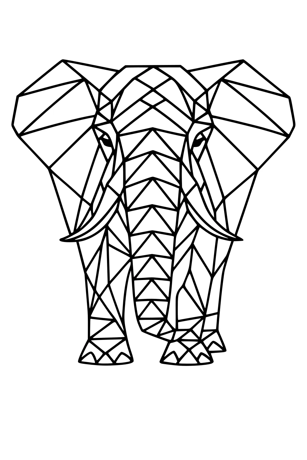 Geometric elephant face with tusks and ears, outlined in straight lines and shapes, on a white background.