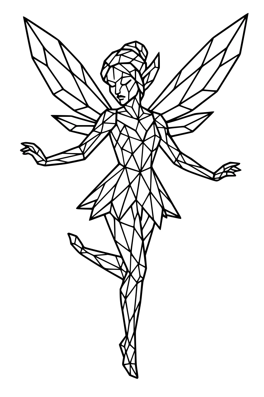 Geometric fairy girl with pointed ears, crystal wings, leaf dress, and raised leg, made of many triangles and bold lines.