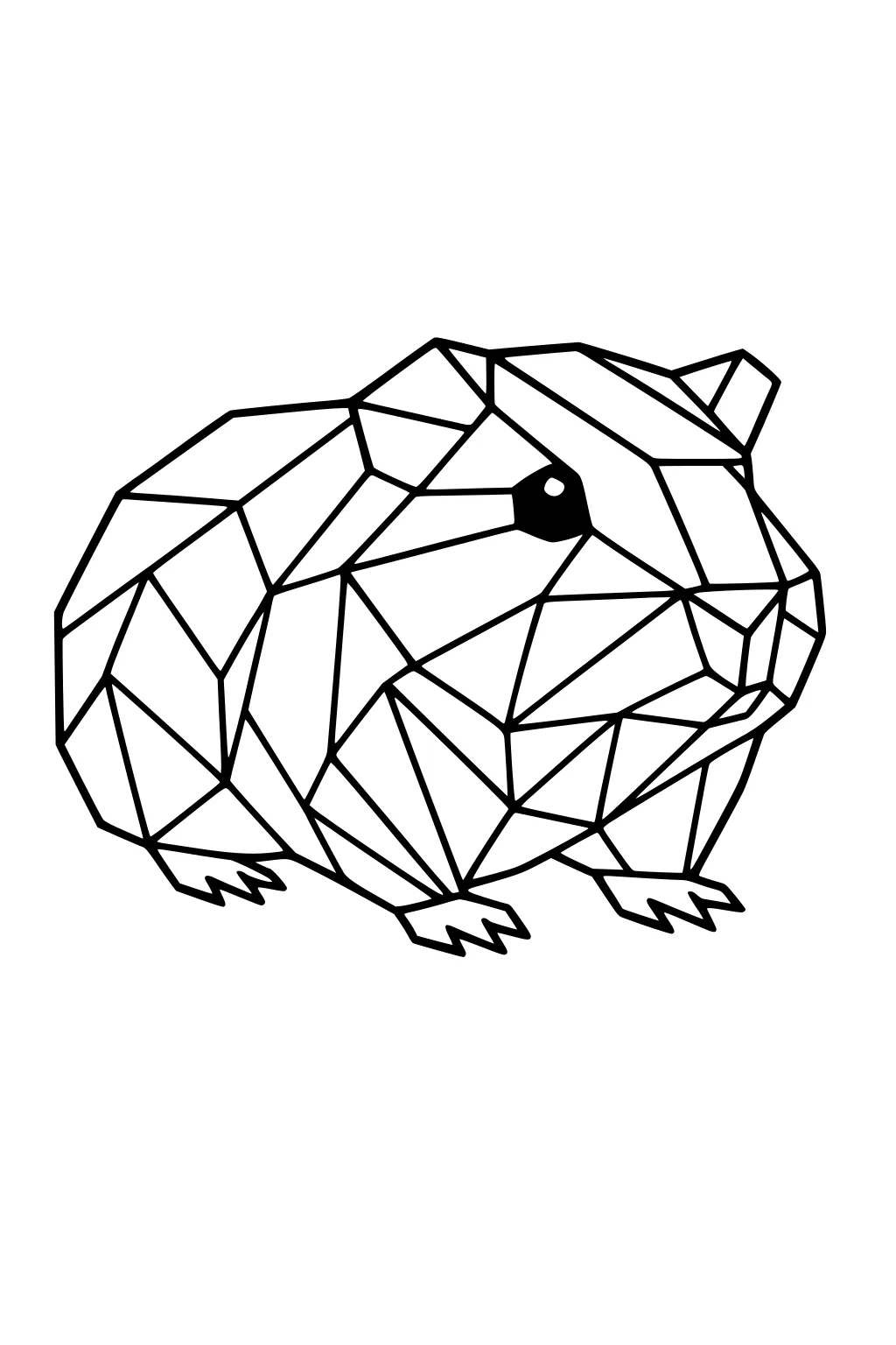 Geometric guinea pig with triangular shapes and bold black lines, sitting with a visible eye and small feet.