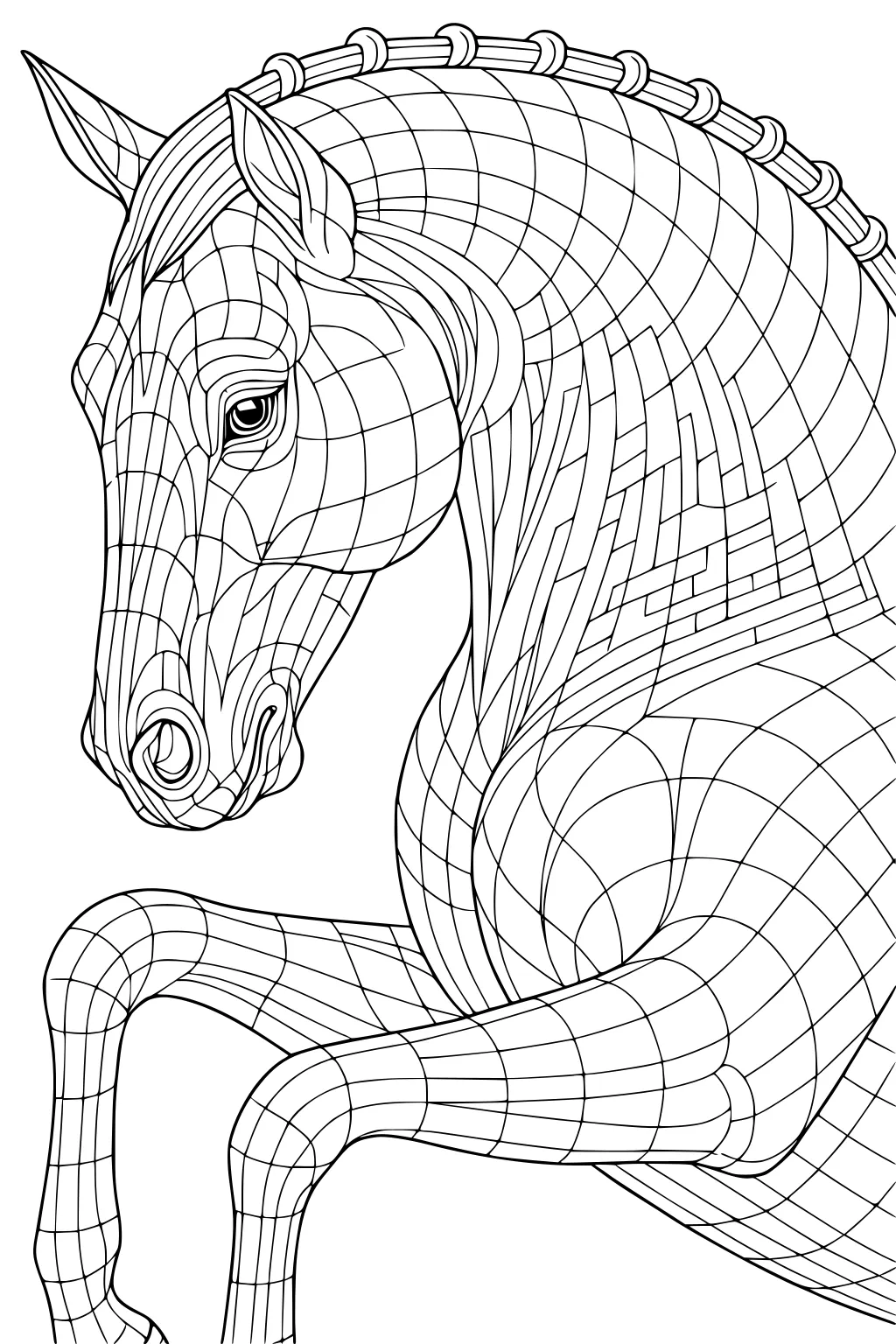 Horse with braided mane and patchwork mosaic lines covering body, facing left with one foreleg raised.