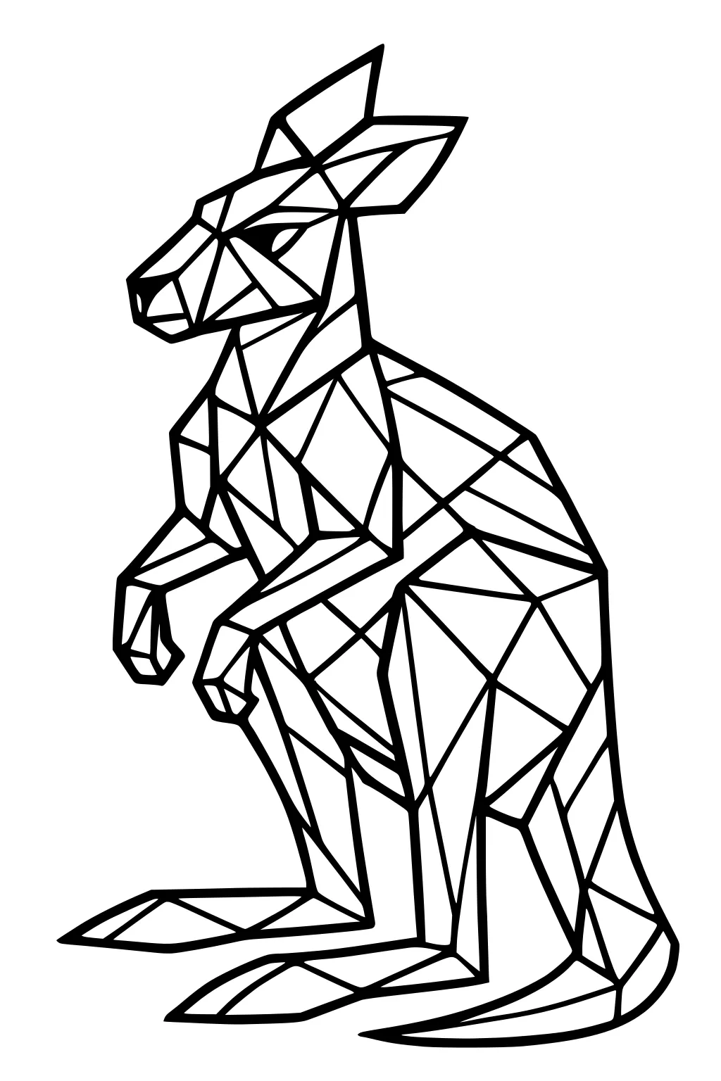 Geometric outline of a kangaroo with triangles and angular shapes making up its body and features.