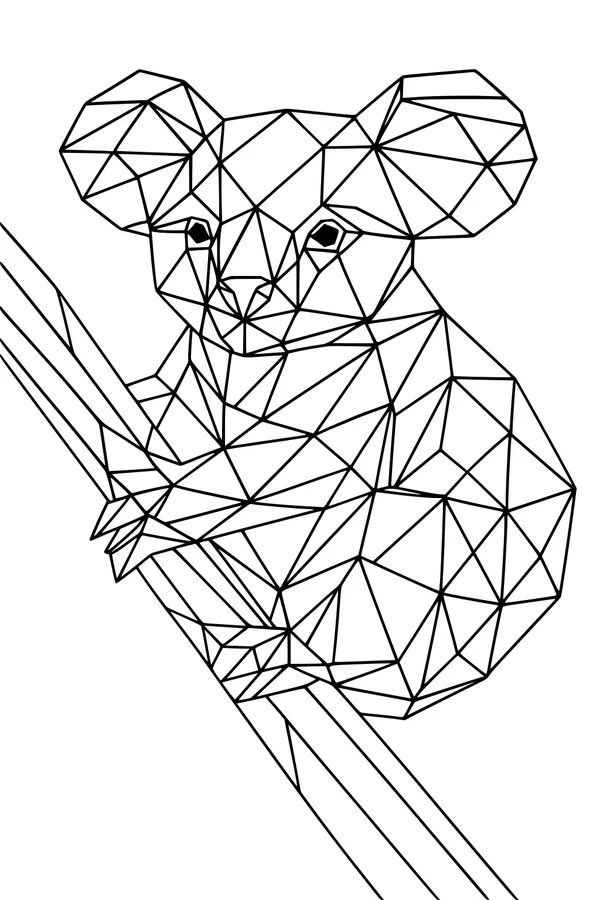Free Koala Coloring Page - Geometric Cub on Branch (Printable PDF)