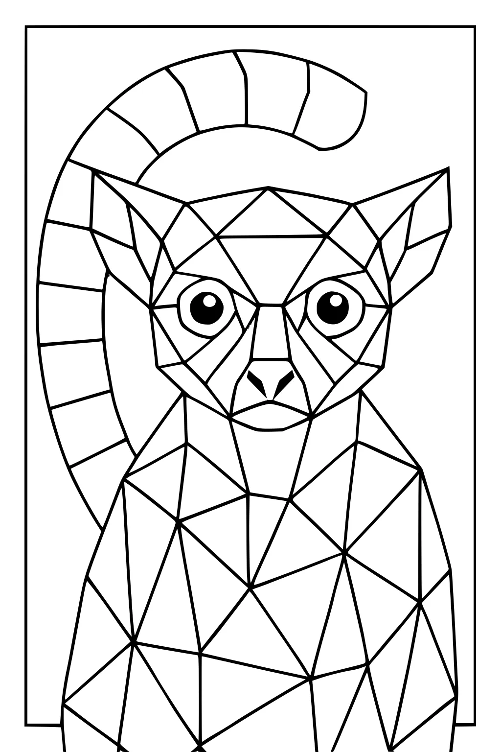 Geometric-style lemur with wide eyes, big ears, and a curved striped tail inside a rectangular border.