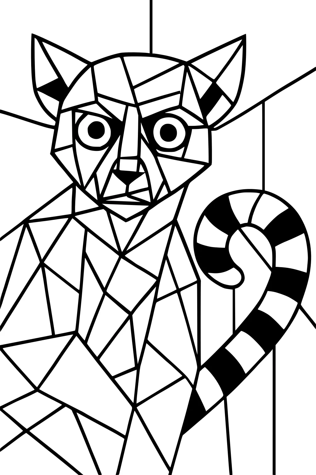 Geometric lemur with big eyes, pointed ears, and a curled striped tail in a bold outlined design.