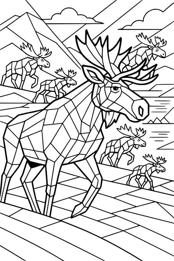 Free Moose Coloring Page - Geometric Moose Herd in Mountain Landscape (Printable PDF)