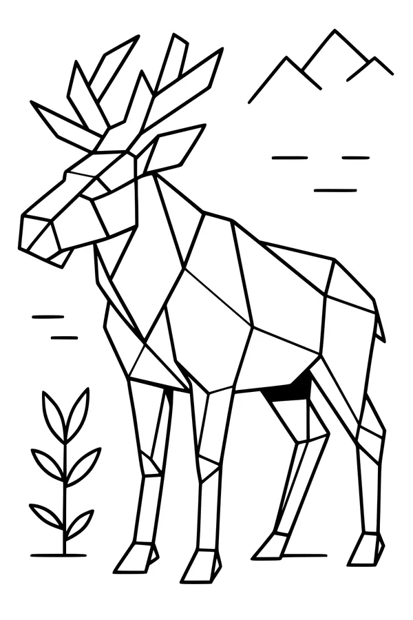 Free Moose Coloring Page - Geometric Moose by the Mountains (Printable PDF)