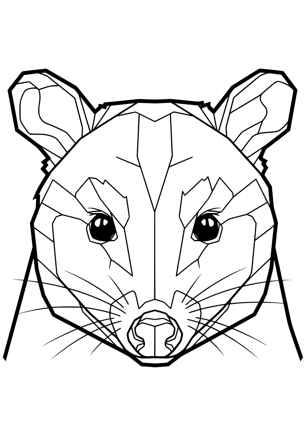 Opossum head with geometric lines, big ears, round eyes, and several whiskers on each side.