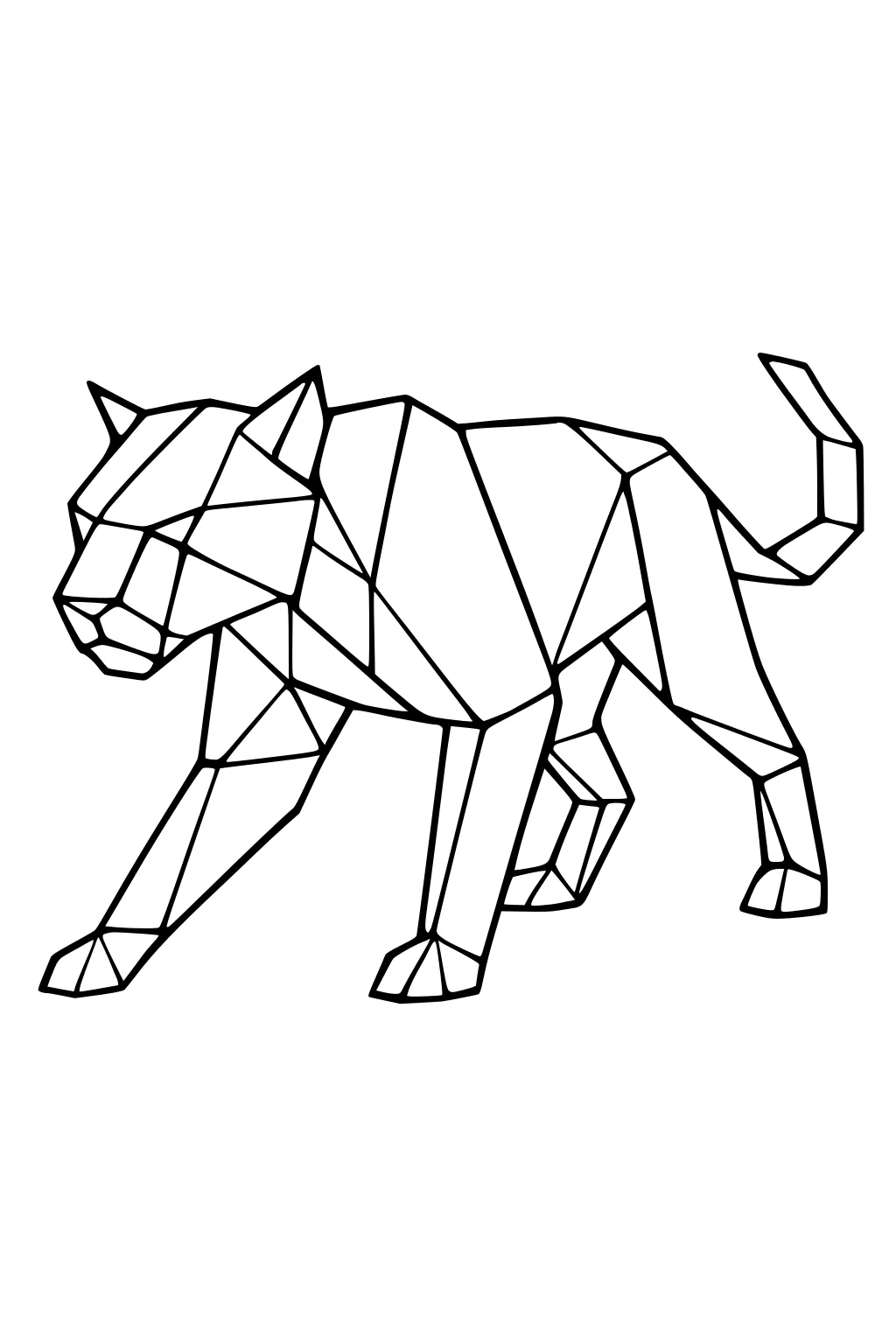 Geometric outline of a panther walking left with angular shapes, raised tail, and pointed ears.