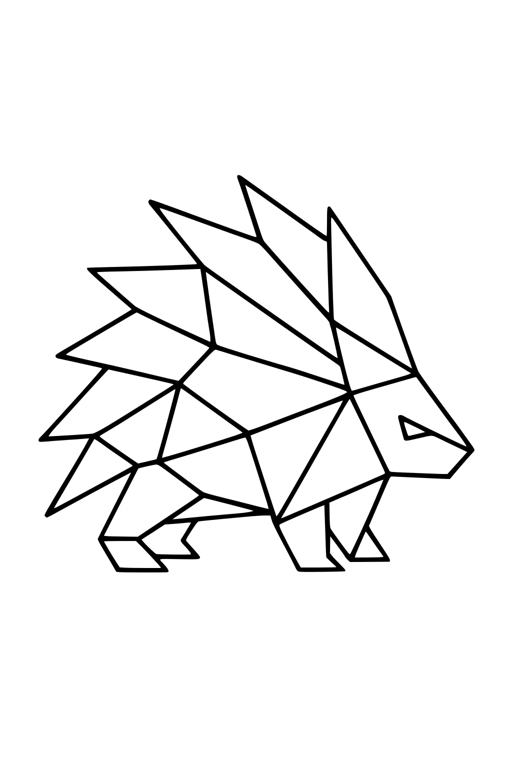 Outlined porcupine made with straight-edged geometric shapes and triangles, facing right on a white background.