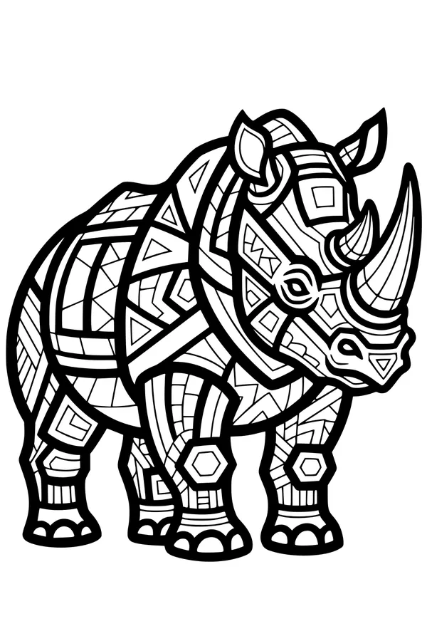 Free Rhinoceros Coloring Page - Mosaic Geometric Patterns (Printable PDF)