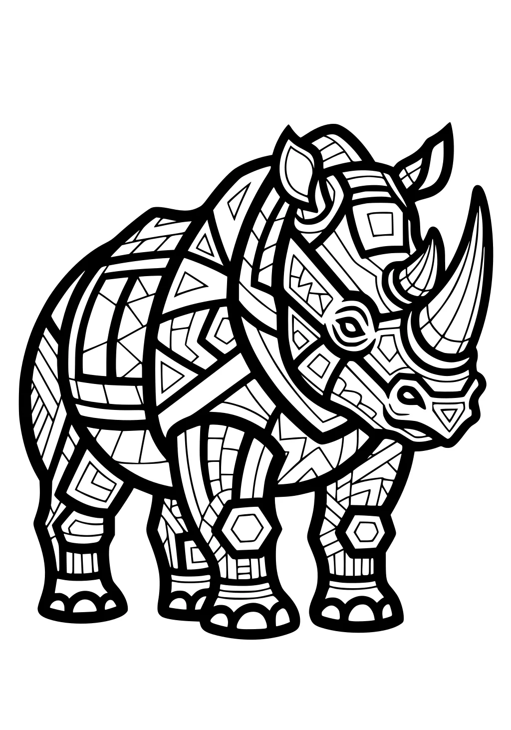 Rhinoceros with bold geometric shapes and patterns covering its body from horn to feet.