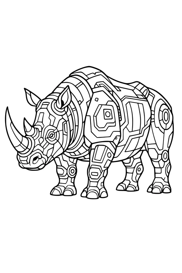 Free Rhinoceros Coloring Page - Robotic Rhino With Geometric Patterns (Printable PDF)