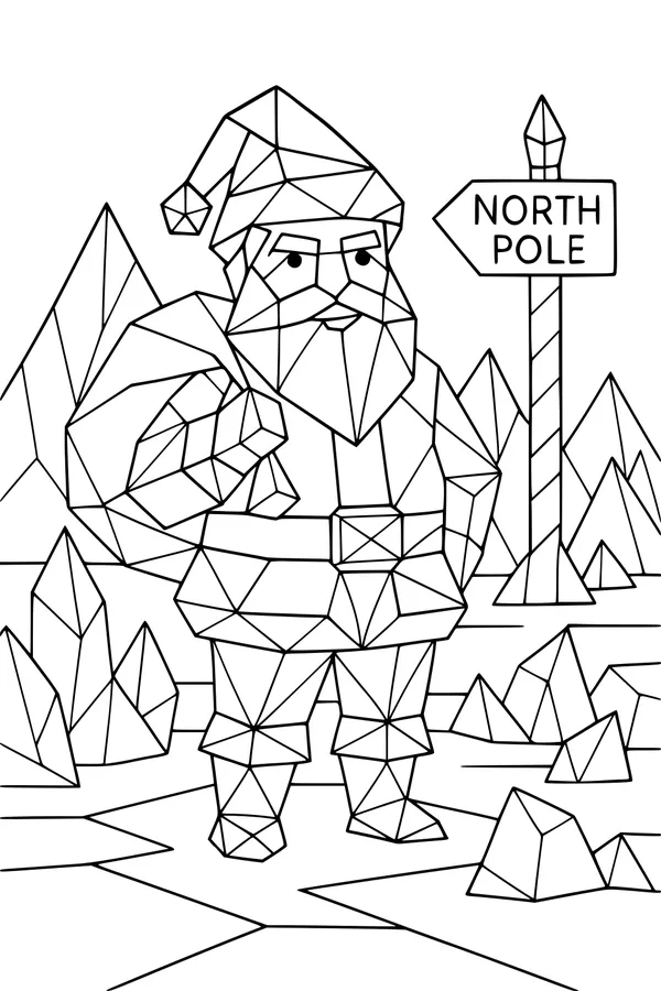 Free Santa Claus Coloring Page - Geometric North Pole Scene (Printable PDF)