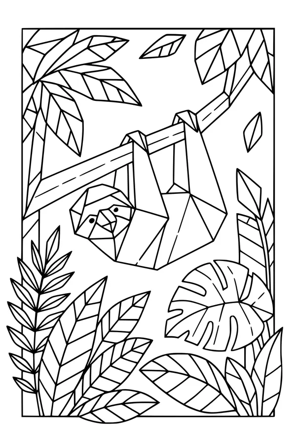 Free Sloth Coloring Page - Geometric Jungle Leaves Scene (Printable PDF)