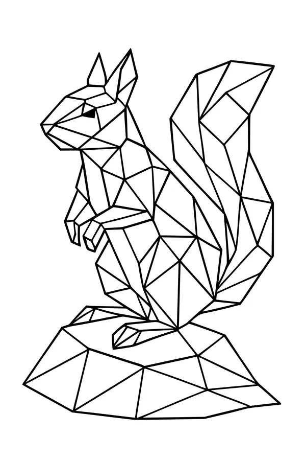 Free Squirrel Coloring Page - Geometric Forest Rock Scene (Printable PDF)