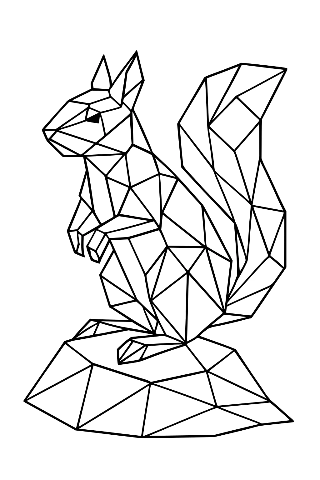 Outline of a geometric squirrel with a bushy tail on a faceted rock, all made of triangles and straight lines.