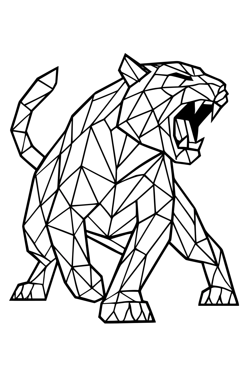 Geometric tiger with open mouth, sharp teeth, and angular, triangle-shaped lines throughout its body.