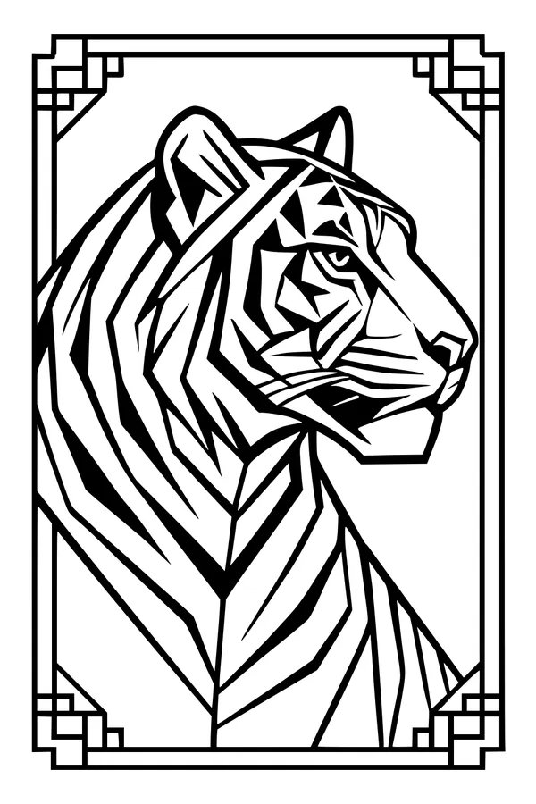 Free Tiger Coloring Page - Geometric Striped Big Cat in Patterned Frame (Printable PDF)
