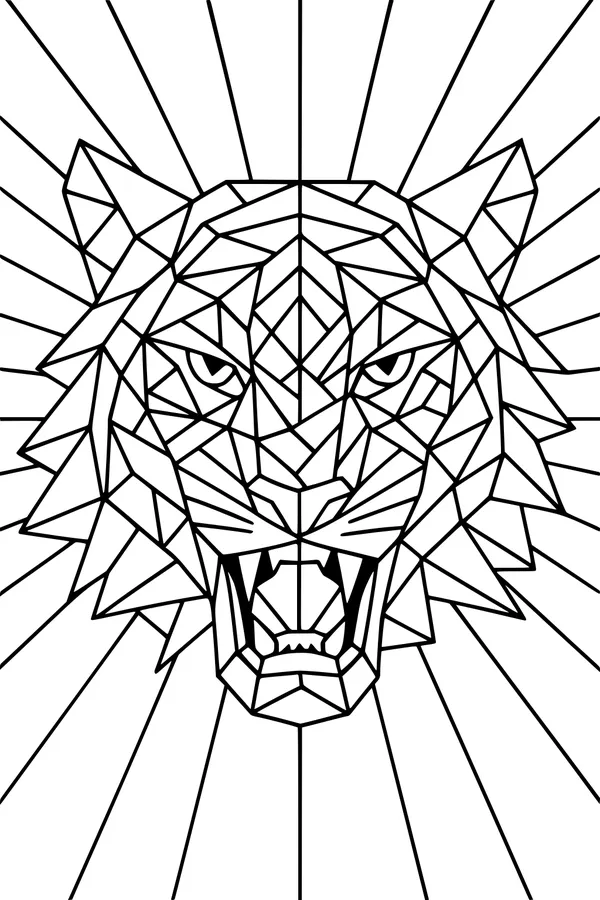 Free Tiger Coloring Page - Geometric Roaring Head with Sunburst Rays (Printable PDF)