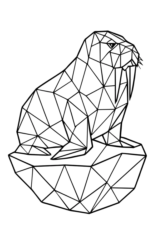 Free Walrus Coloring Page - Geometric Walrus on Icy Shapes (Printable PDF)