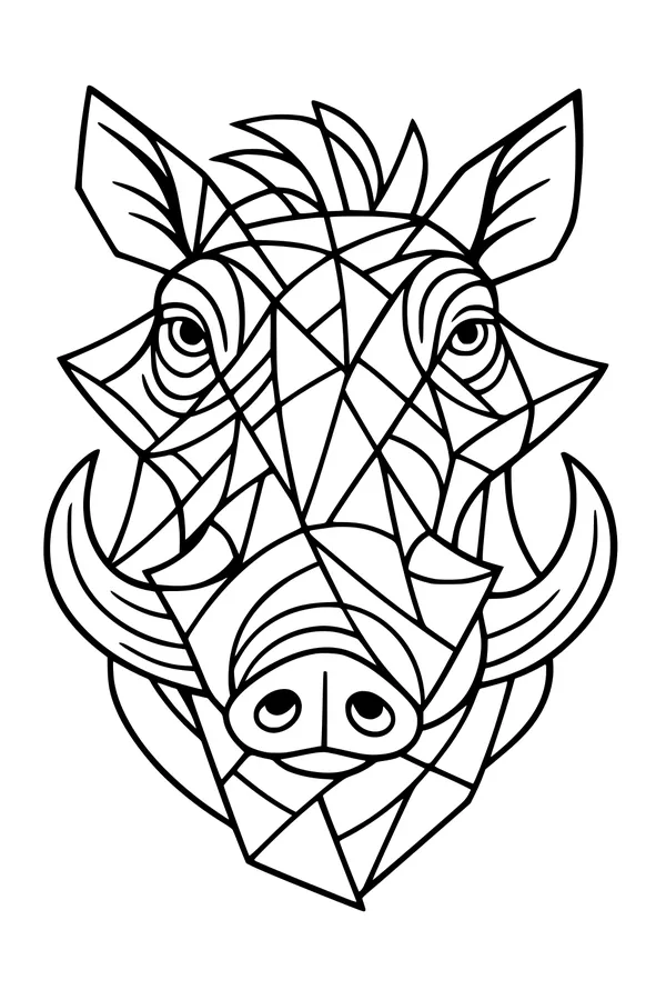 Free Warthog Coloring Page - Geometric Front-Facing Warthog Face (Printable PDF)