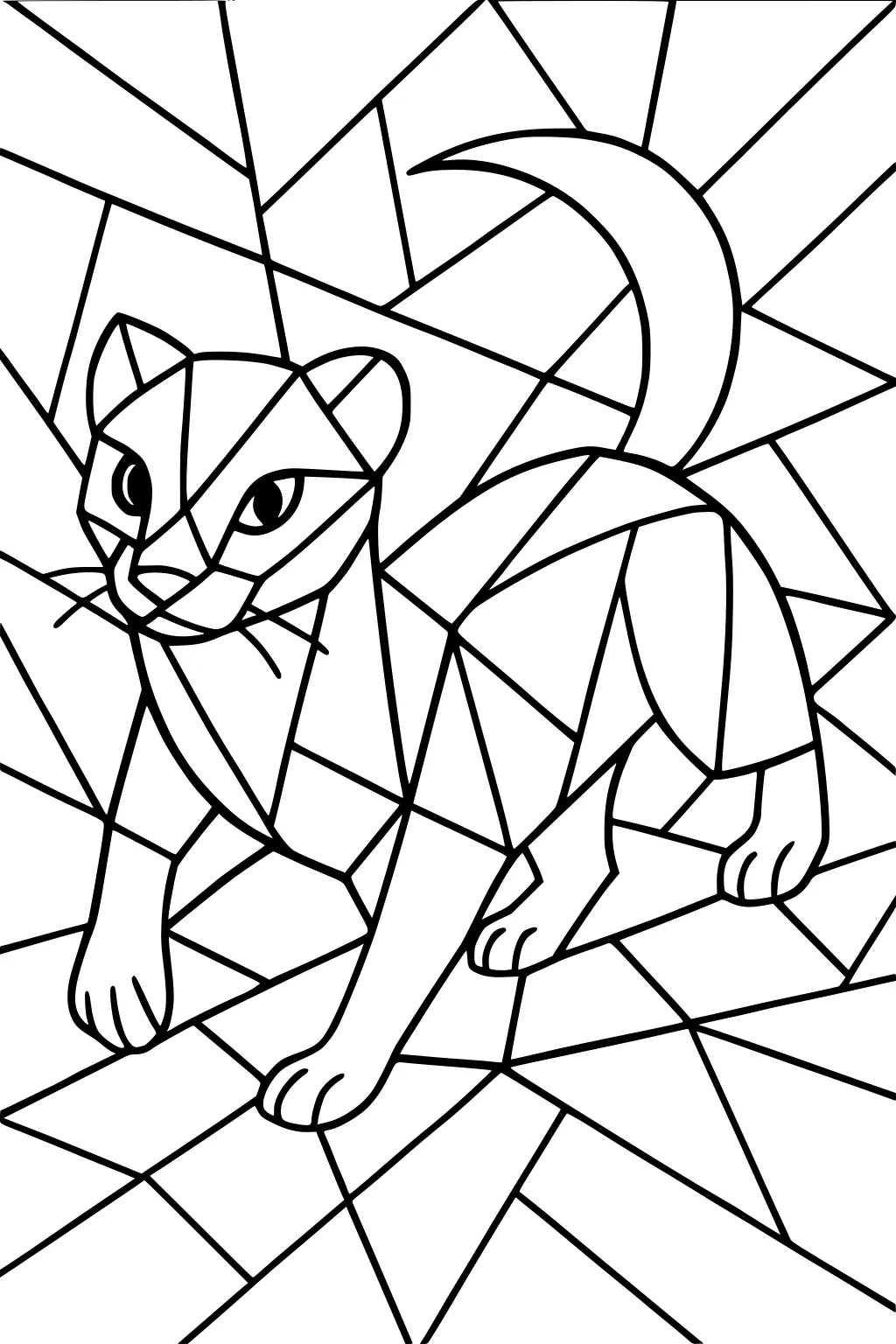 Geometric weasel with mosaic background, outlined in bold lines.