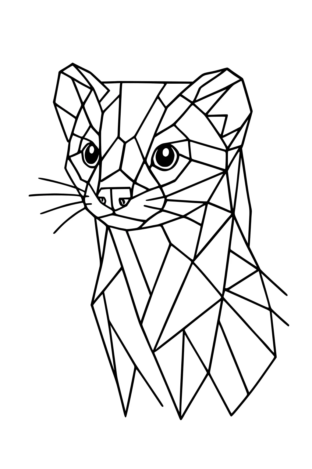 Geometric weasel head with polygon shapes and big round eyes, outlined in black with long whiskers.