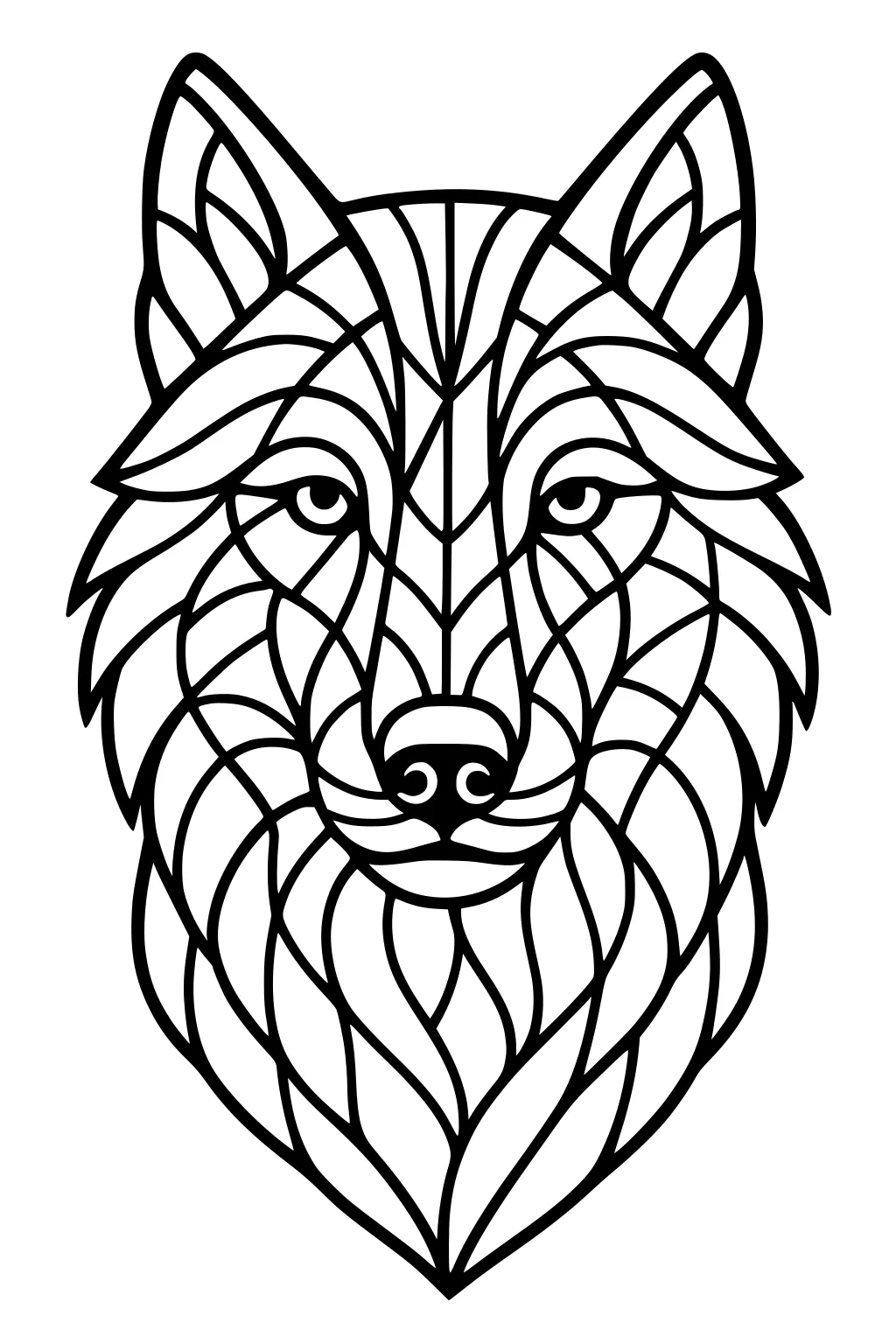 Symmetrical wolf head with bold black outlines, leaf-like geometric fur sections, upright ears, calm eyes, and a rounded nose.