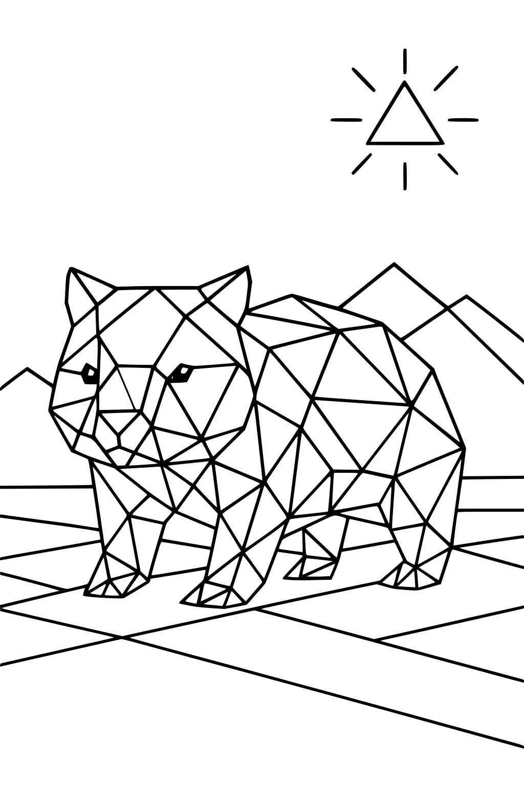 Geometric wombat made of triangles on faceted ground with mountains and a small triangle sun in the sky.