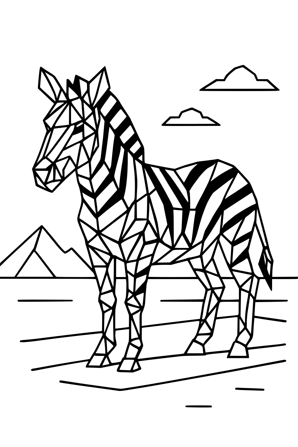 Geometric zebra with bold stripes on a flat savanna, two clouds above and a triangular hill in the background