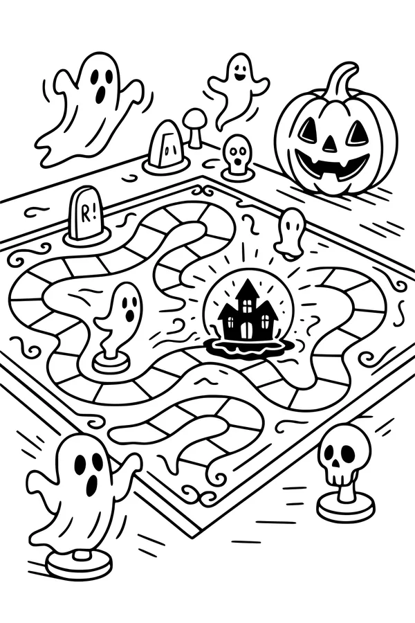 Free Halloween Ghost Board Game Coloring Page - Race to the Haunted House (Printable PDF)