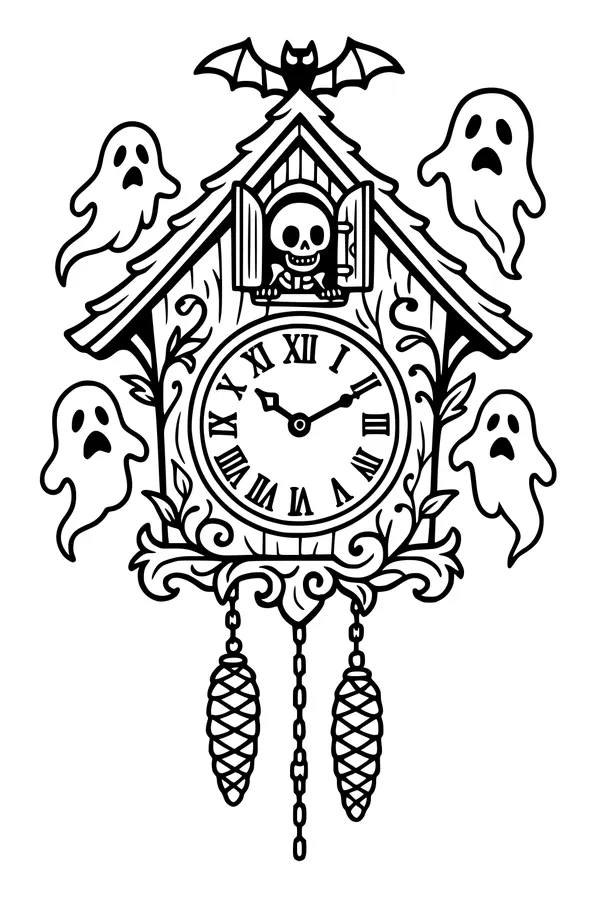 Free Ghost Cuckoo Clock Coloring Page - Haunted Midnight Scene (Printable PDF)