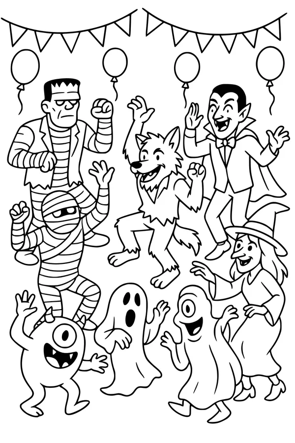 Free Halloween Ghosts Coloring Page - Dancing With Classic Monsters Party (Printable PDF)