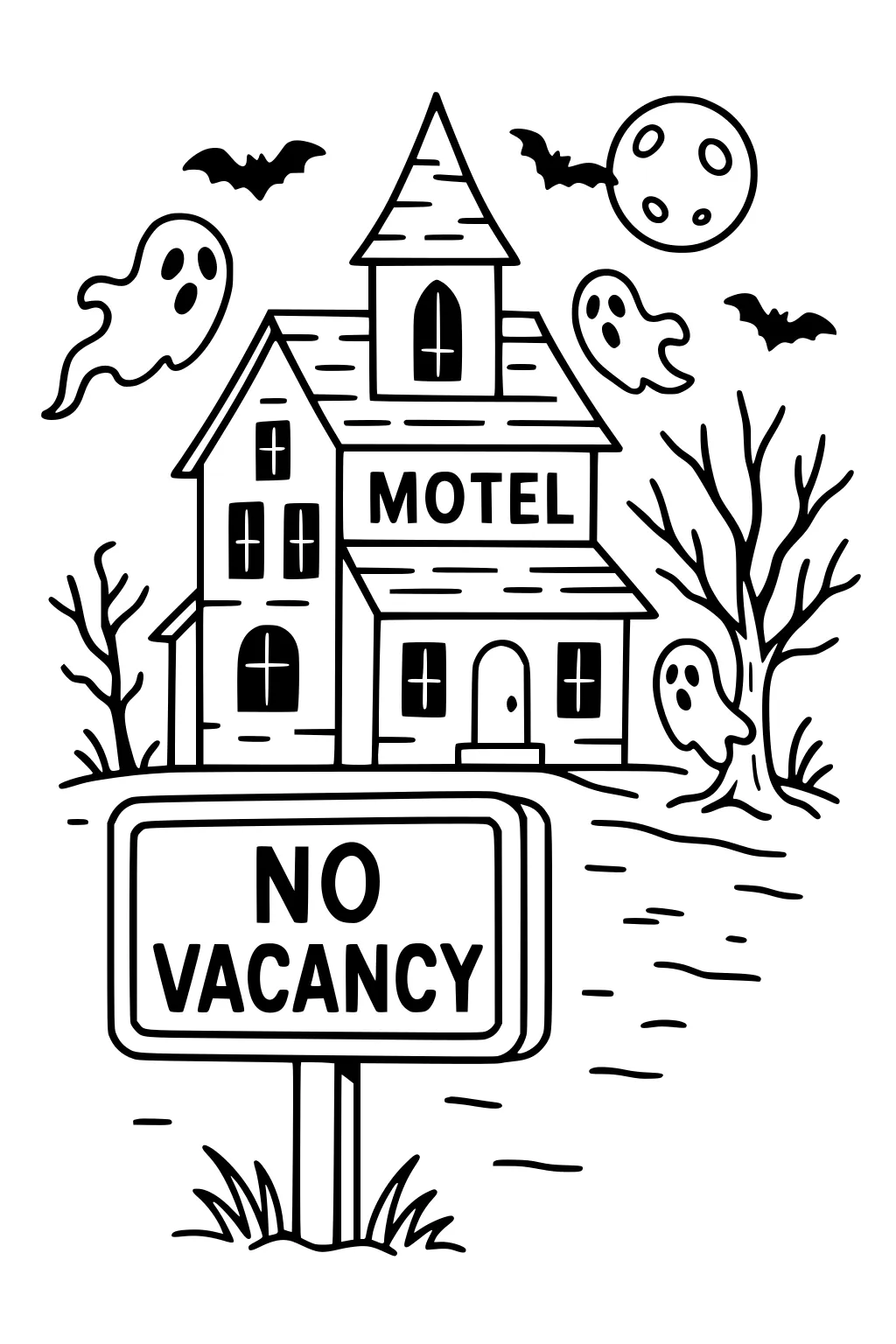 Haunted motel with No Vacancy sign, three ghosts, bats, cratered moon, bare trees, and windows with crossbars.