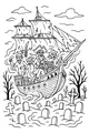 Free Ghost Pirate Ship Coloring Page - Skeleton Crew Over Spooky Graveyard (Printable PDF)