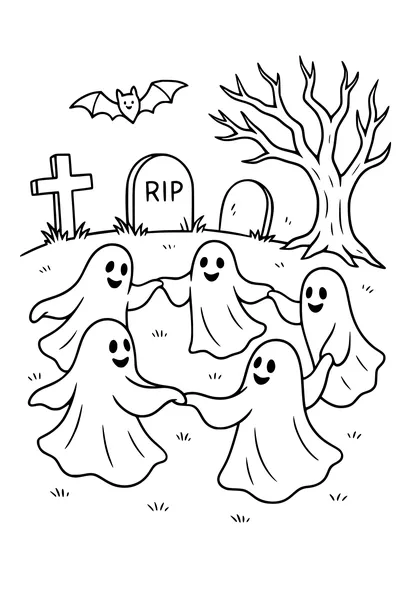 Free Ghost Coloring Page - Smiling Ghosts Dancing in a Graveyard (Printable PDF)