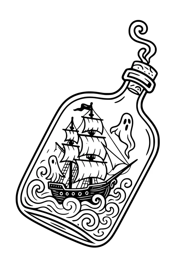 Free Ghost Pirate Ship Coloring Page - Spooky Bottle at Sea (Printable PDF)