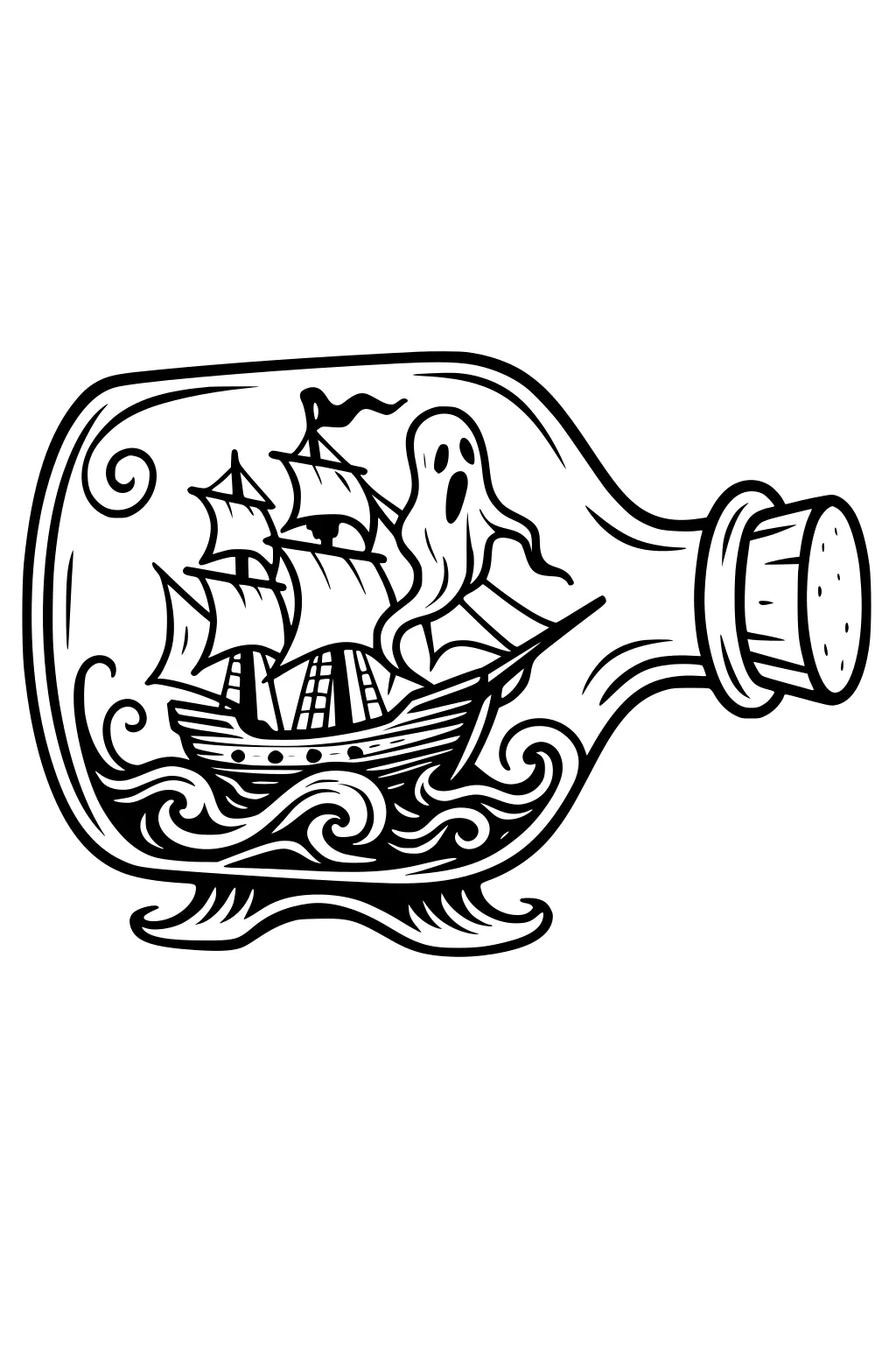 Ghost ship in a glass bottle with cork; swirling waves, billowing sails, and a floating ghost above the deck.