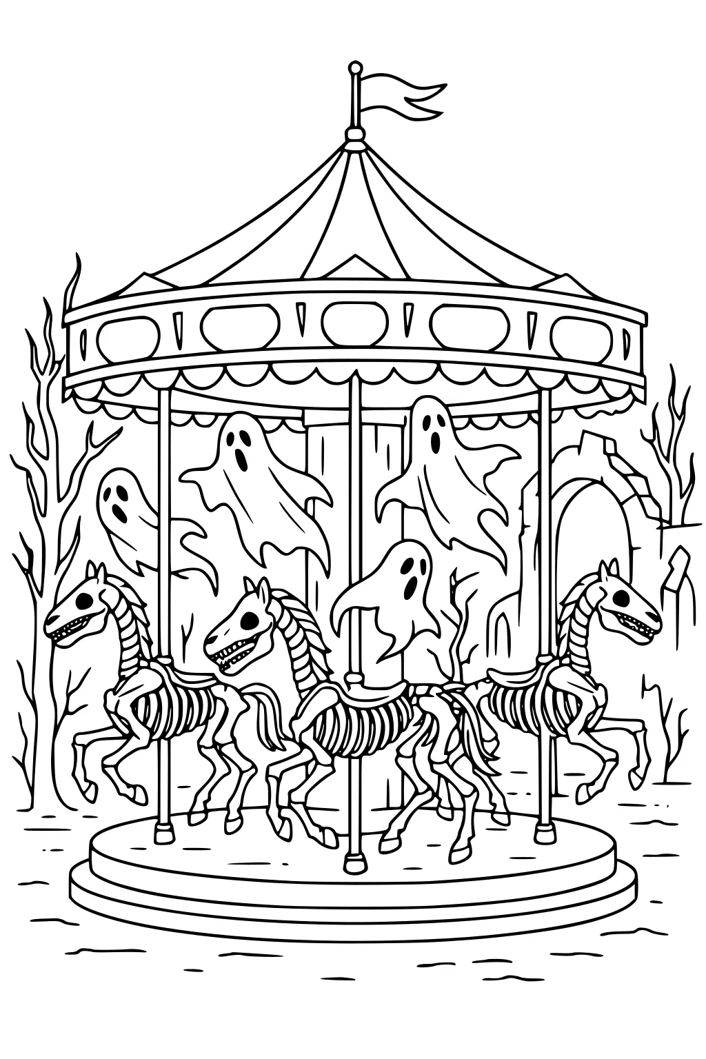 Haunted carousel with four skeleton horses and floating ghosts, bare trees, and a crumbling arch under a flag-topped tent roof.