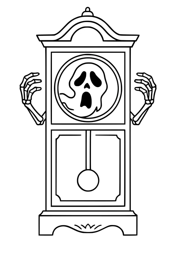 Free Halloween Ghost Coloring Page - Haunted Grandfather Clock Scene (Printable PDF)