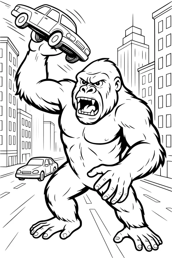 Free Gorilla Coloring Page - Giant Ape Lifting Car in City (Printable PDF)
