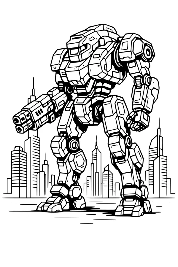 Free Giant Robot Coloring Page - Mech Guarding City Skyline (Printable PDF)