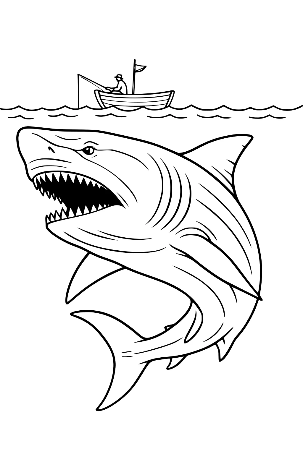 Big shark with wide mouth and triangular teeth under waves; small boat with a man and flag above.