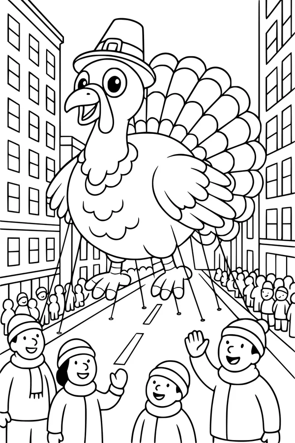 Free Turkey Balloon Coloring Page - Thanksgiving City Parade Scene (Printable PDF)