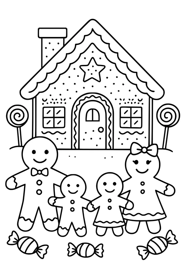 Free Gingerbread House Coloring Page - Smiling Cookie Family by Candy Home (Printable PDF)