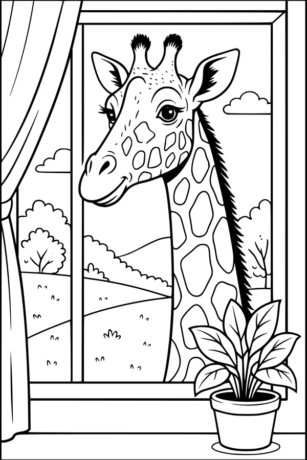 Free Giraffe Coloring Page - Curious Giraffe at the Window (Printable PDF)
