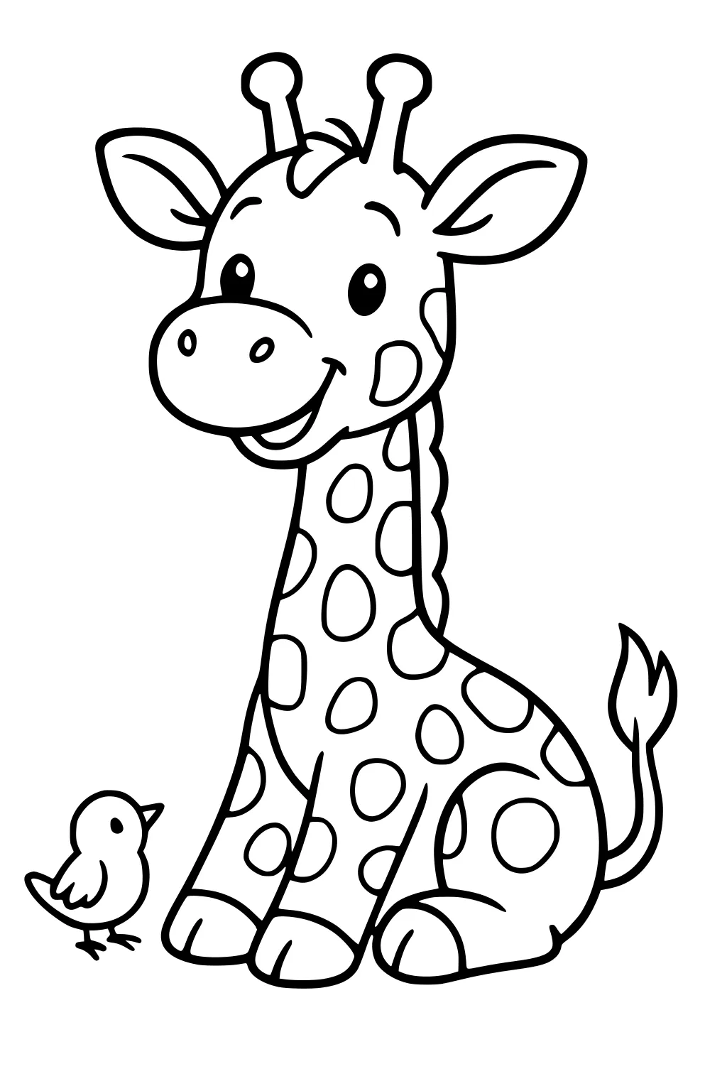 Baby giraffe sitting and smiling with a small bird by her paws, both outlined in a cartoon style.
