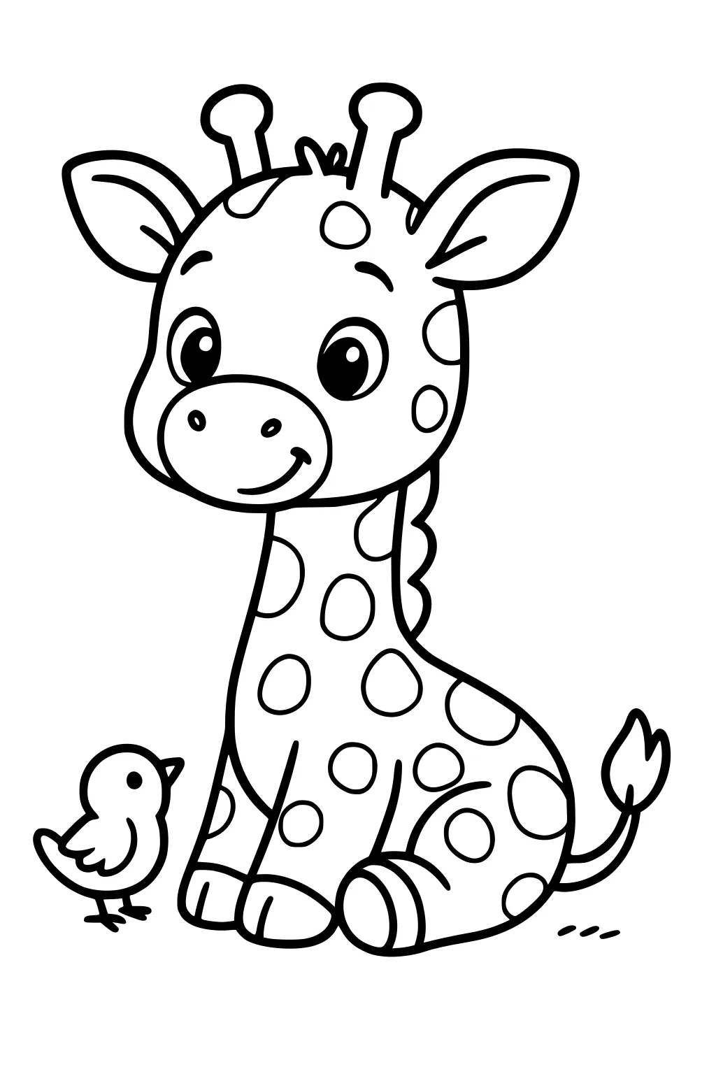 Baby giraffe sitting down with a big smile and spots, next to a small bird on the ground.