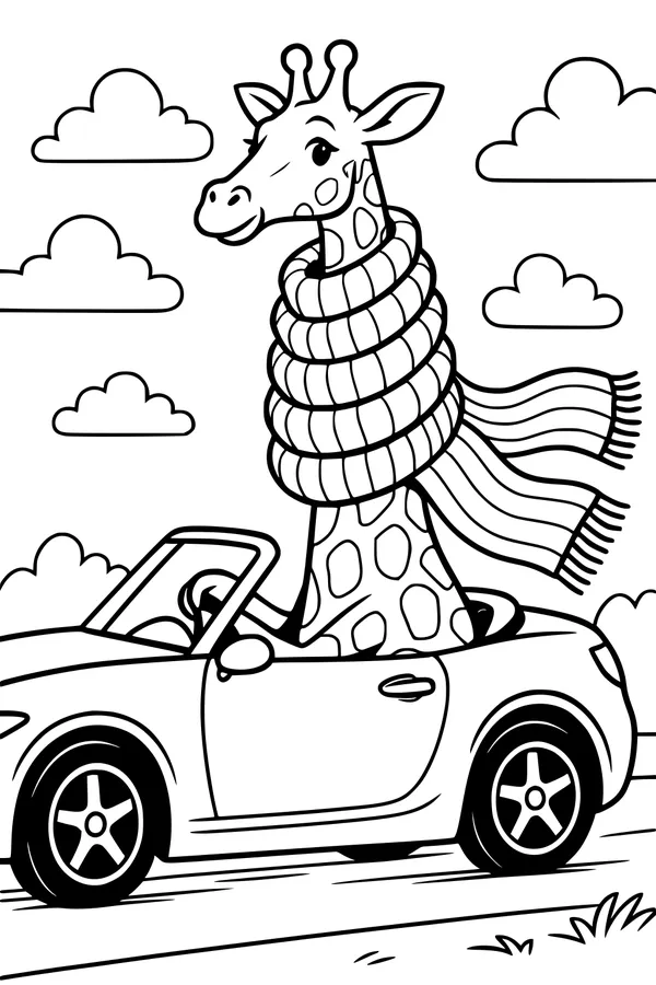 Free Giraffe Coloring Page - Silly Scarf Convertible Ride (Printable PDF)